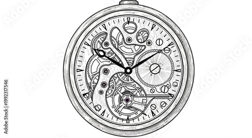 Intricate mechanical pocket watch illustration featuring detailed clockwork gears and skeleton movement mechanism isolated on a clean white background for design