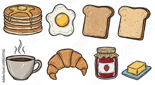 Breakfast food items illustration with pancakes egg toast coffee croissant jam and butter on a white background