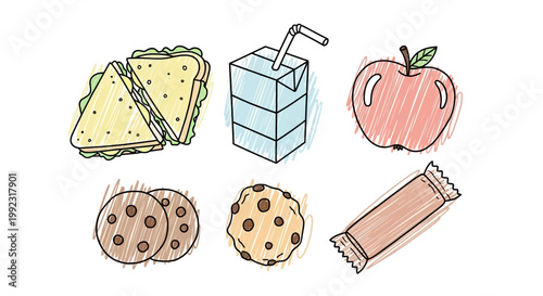 Colorful illustration of sandwich juice box apple cookies and candy for healthy and junk food concepts