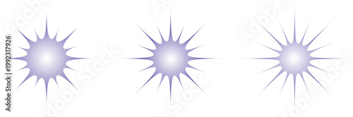 Minimal purple starburst icons set with soft gradient glow. Clean radial sunburst shapes isolated on white background. Decorative sparkle elements for labels, badges, and modern graphic design.