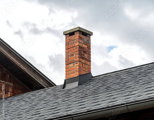 Traditional Red Brick Chimney With Stone Cap On Sloped Dark Grey Shingle Roof Architectural Exterior Under Overcast Cloudy