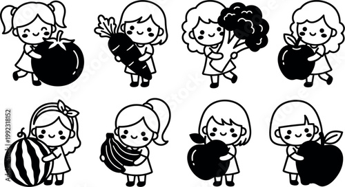 Black and white cute girls holding fruits and vegetables vector art