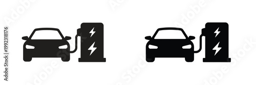 Electric car icon set featuring charging station symbols, automatic battery charger elements, and electric vehicle standing near charging point graphics