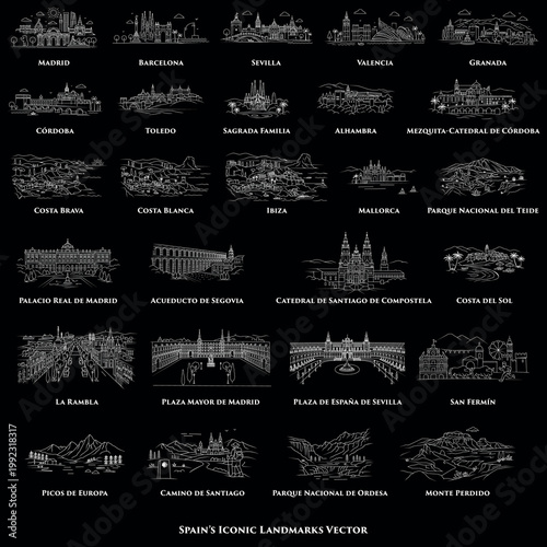 Spain Travel Landmarks Vector Set. Famous Tourist Attractions Illustration.