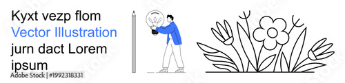 Creativity, innovation, design, education, brainstorming, productivity. A man presenting a light bulb with a pencil beside abstract flowers. Creativity and innovation concepts illustrated