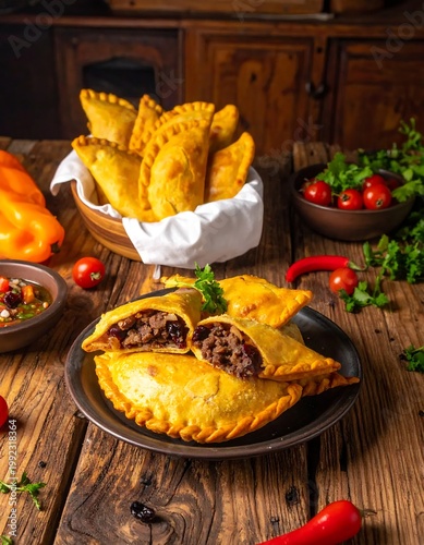 Traditional South American Beef Empanadas With Golden Brown Flaky Crust Filled With Savory Minced Meat And Raisins On A Rustic Wooden Table Background