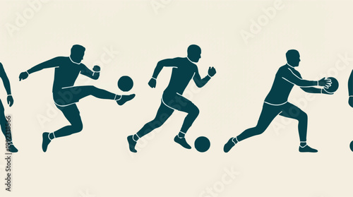 Silhouettes of soccer players in various action poses and movements