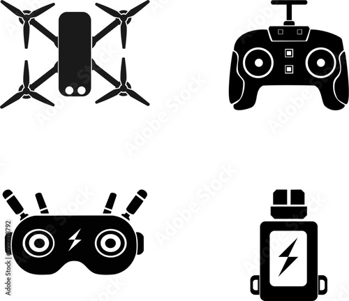 Minimalist FPV drone racing equipment vector icons set