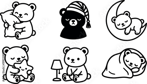 Cute sleeping bear hugging pillow and star with lamp and moon vector art