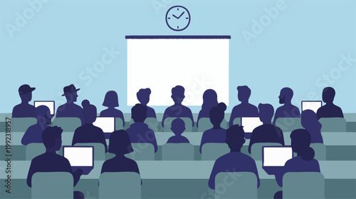 Diverse audience with laptops attending a presentation or lecture in a classroom