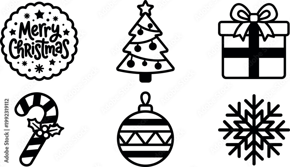 Naklejka premium Black and white christmas icons with tree candy cane gift and snowflake