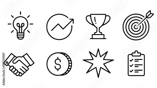 Business success icons hand drawn doodle style set featuring marketing ideas, corporate growth symbols, achievement elements, and modern sketch line art for startup branding