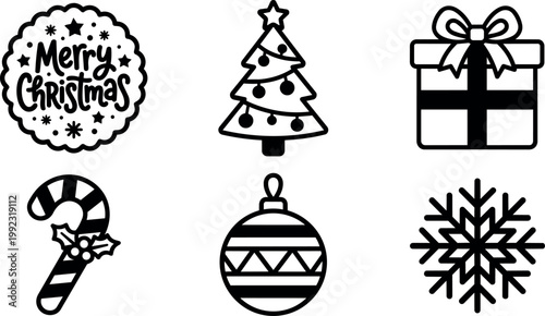 Black and white christmas icons with tree candy cane gift and snowflake