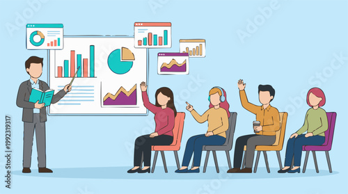 Business Presentation with Speaker and Engaged Audience Discussing Data Analytics