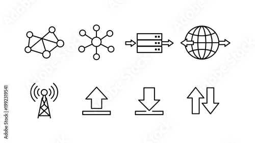 Data network flow: nodes connected lines, hub and spokes diagram, data packet, directional arrows, globe network, signal tower, upload arrow, download arrow.