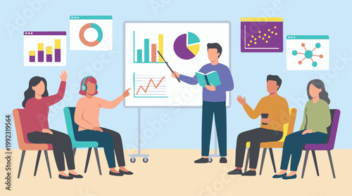 Diverse group of people attending a business presentation with data analysis