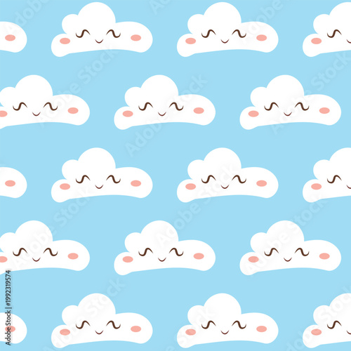 Cute clouds seamless pattern. Vector baby shower background with repeating smiling cloud characters on blue sky, nursery wallpaper for kids textile and pajama design.