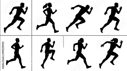 Silhouettes of running men and women in different sprinting poses vector art