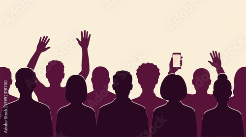 Silhouettes of a diverse crowd with raised hands and a smartphone