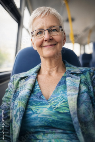 Glückliche ältere Frau nutzt öffentliche Verkehrsmittel im Alltag
