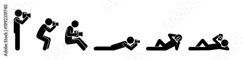 Stickman Photographer Various Poses – Taking Photos Camera Action Vector Icon Set.