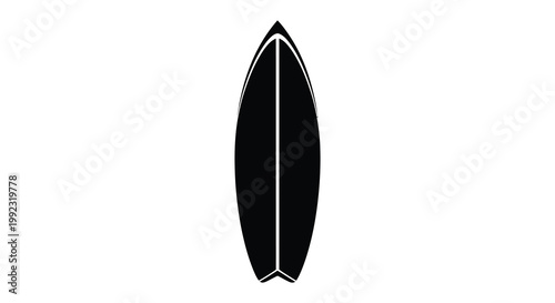 A stark black silhouette of a surfboard is centered against a bright white background emphasizing its sleek form silhouette