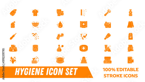A set of orange hygiene icons on a white background