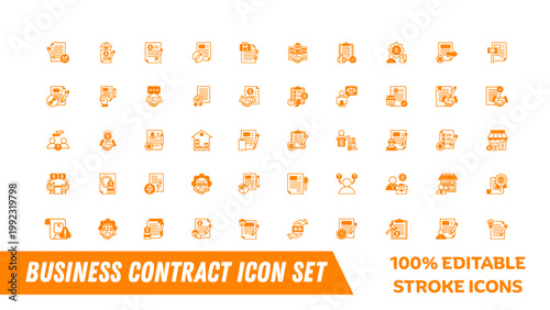 A set of editable business contract icons in a modern flat design style