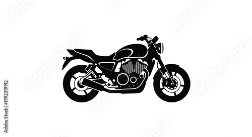 A striking black silhouette of a modern motorcycle is prominently displayed against a clean white background silhouette high quality