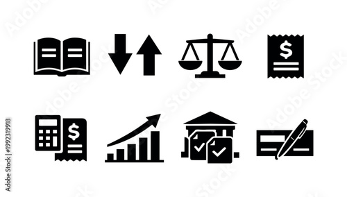 Bookkeeping tasks: journal entries, debit credit arrows, account balance scale, expense tracking, income chart, bank reconciliation, payment record, document archive.
