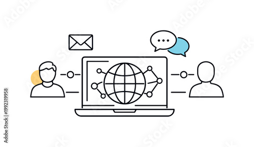 Global networking process highlighting information exchange and relationship building between individuals worldwide in a digital environment, a laptop with a globe icon