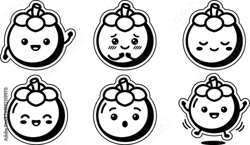 Black and white happy and shy mangosteen face emoji vector art set