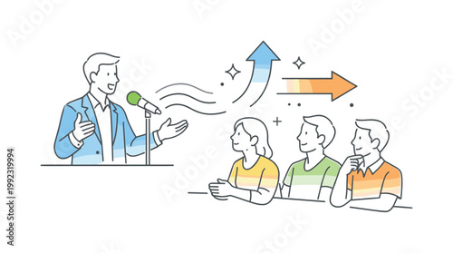 Leadership and influence in a corporate or social context where individuals inspire and guide others through spoken messages, illustrated by a person addressing a group