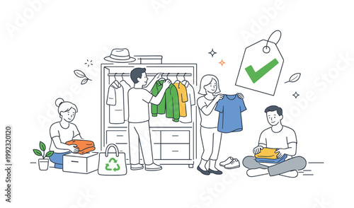 Sustainable fashion wardrobe planning scenario showing individuals organizing a minimal and eco-conscious clothing collection at home, with a wardrobe and a single