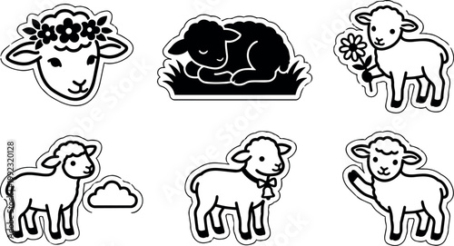 Black and white cute lamb stickers with flowers sleeping and waving