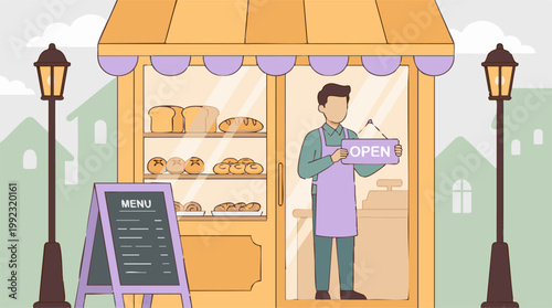 Bakery storefront with baker holding an 'OPEN' sign and fresh baked goods
