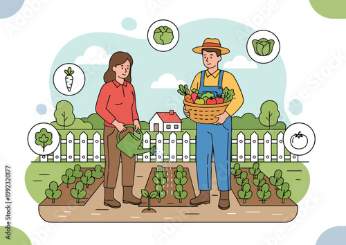 Farmers, gardening, vegetables, illustration, colorful, flat design, agricultural, rural scene