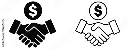 Business deal icons set featuring handshake with dollar symbol, partnership agreement elements, and finance contract graphics,