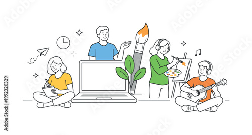 A work-life balance and self-expression concept where people pursue creative hobbies alongside daily responsibilities, represented by a minimal composition of a laptop