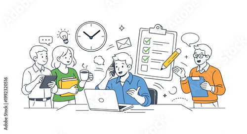 A busy work environment scenario where individuals manage multiple responsibilities and tasks simultaneously to maintain productivity, illustrated through a clean scene
