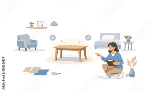 Home furnishing decision moment where an individual selects furniture pieces to enhance interior space, highlighting lifestyle, aesthetics, and practical functionality,