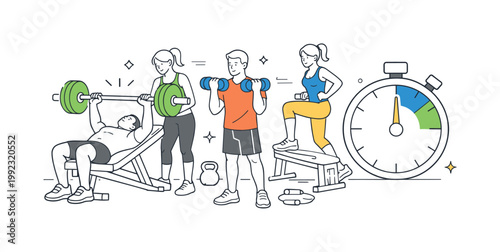 Gym workout training concept featuring individuals following structured exercise routines and improving physical performance, using a workout bench and a single stopwatch