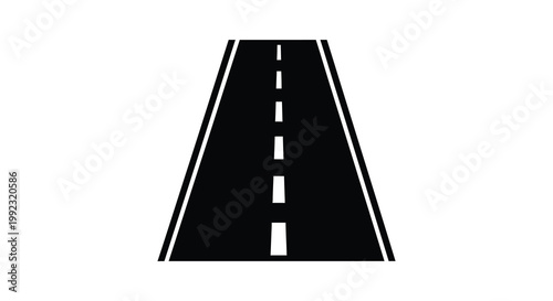 A long straight road stretches into the distance rendered as a striking black shape against a white background silhouette