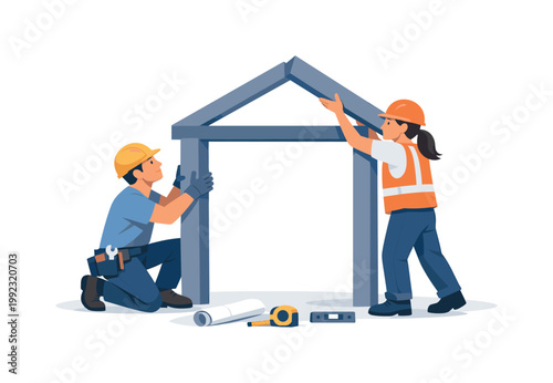 A team collaborating on a structured building project with coordinated effort, illustrated by two workers assembling a simple geometric structure together, conveying