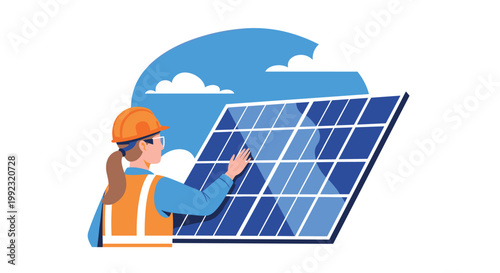 A professional female engineer wearing a bright orange hard hat and safety vest meticulously inspects a large blue solar panel under a clear summer sky.
