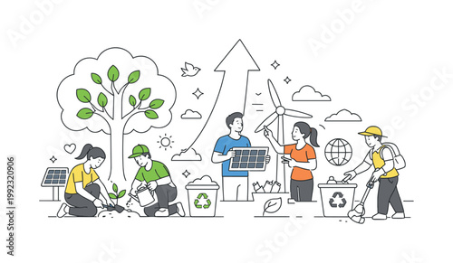Sustainability goal community action scenario showing individuals collaborating on eco-conscious projects and shared environmental efforts, with a tree and a single