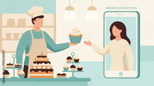 Baker offering cupcake to virtual customer on smartphone, online bakery concept