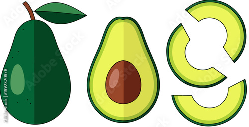 Flat avocado vector set, fresh whole fruit with leaf and half with pit, sliced green avocado pieces for food menu design and healthy eating concepts