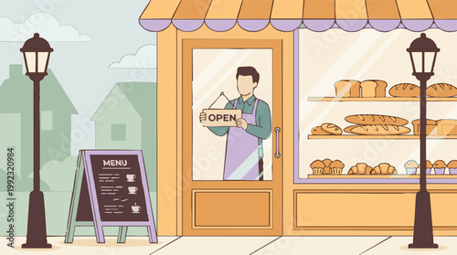 Man Hanging Open Sign in Bakery Window with Fresh Baked Goods Display