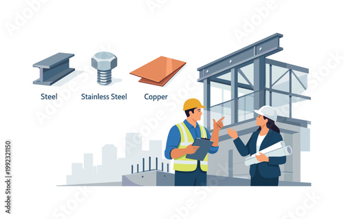 Construction and material usage theme where metal types are selected and applied in building and engineering projects for durability and strength, represented by a